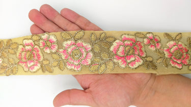 Pink and Gold Floral Embroidery Trimming, Embroidered Roses Flowers Trim, Sheer Fabric Lace